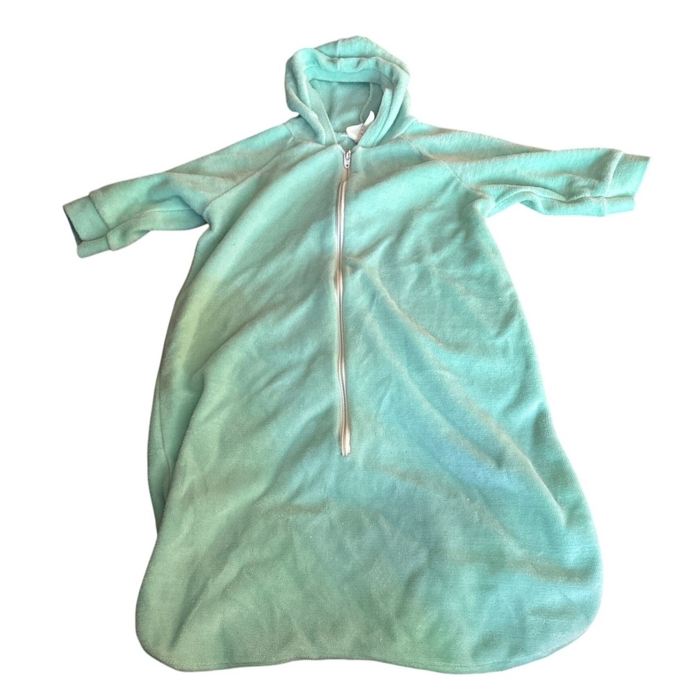 Vintage Little Me Baby Hooded Sleep‎ Sack Aqua Blue Terry Cloth Zip Front USA M
